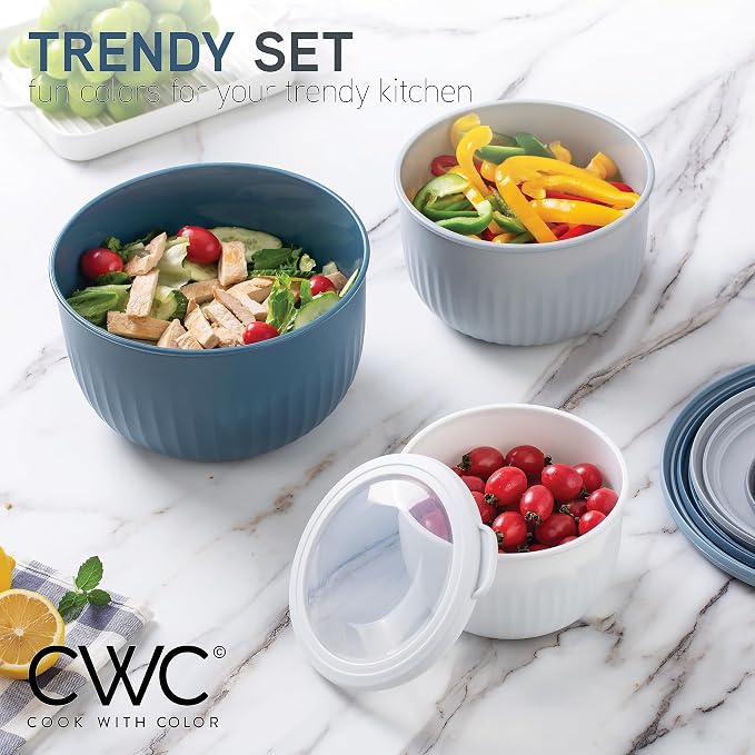 COOK WITH COLOR Prep Bowls with Lids- Wide and Deep Nesting Plastic Small Mixing Bowl Set with Lids, 12 Piece Set - Deep Bowls, Blue/Grey - Image 4