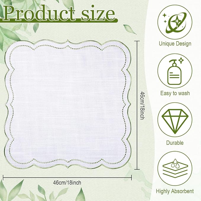 Hahafelt Cloth Napkins 18x18inches Scalloped Embroidery Cloth Napkins Washable Polyester Table Dinner for Hotel Restaurant Weddings Events Parties(Sage Green,24 Set) - Image 2