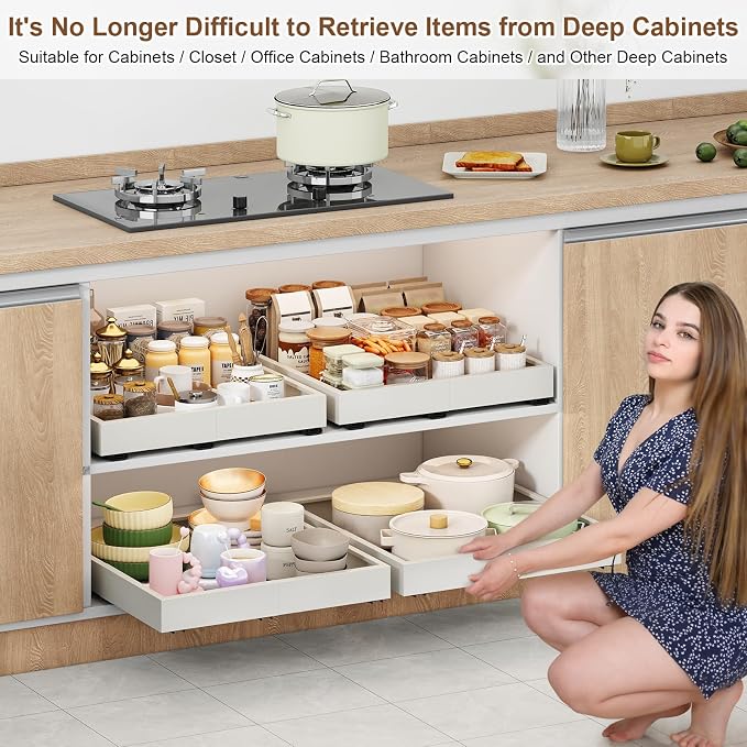 Fokyfok Pull out Cabinet Organizer,14"-21"W, 17"-24"D,Expandable,Adhesive | No Drill,3 Rails,Adjustable Slide out Drawers for Kitchen,Pantry,Roll out Shelves,for Cabinets Without Lip,Bathroom,White,1PC - Image 5
