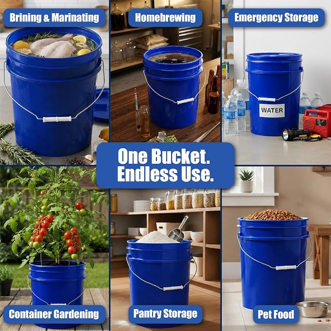 5 Gallon Bucket - Food Grade w/Lid BPA-Free, Blue/White, 3 | Airtight Gamma Seal Screw-On Lid, Heavy-Duty 90 Mil HDPE Plastic, Food Safe and Durable Container, Bulk Storage, Made in USA - Image 3