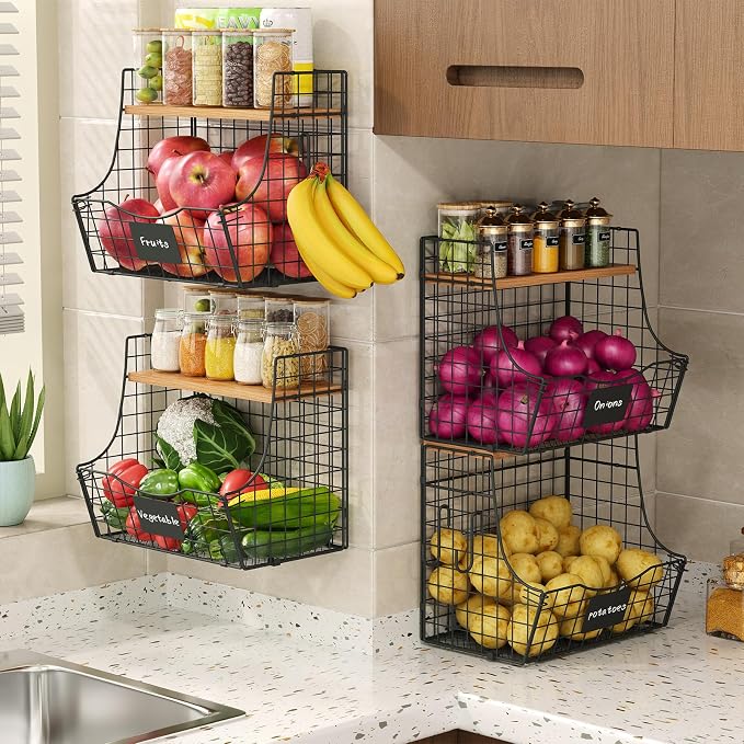 4 Pack Fruit Basket for Kitchen with Lid, Counter&Wall Mounted Hanging Fruit Basket, Potato and Onion Storage, Metal Wire Fruit and Vegetable Storage, Snack Organizer 11.81 * 8.66 * 10.63in - Image 2