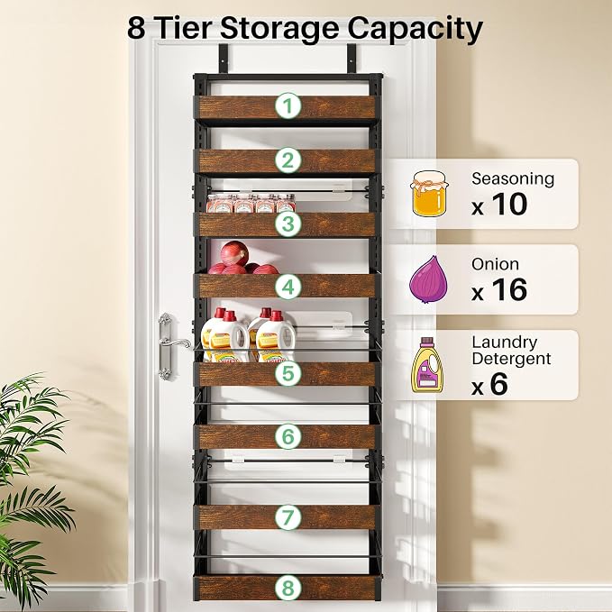 SNTD 8 Tiers Wooden Over Door Organizer, 17" W x 6" D x 69" H, Rustic Brown | Pantry Door Organizers and Storage, Height Adjustable Spice Rack, Dense Mesh Baskets, Anti-Swing, Adjustable Door Fastener - Image 7