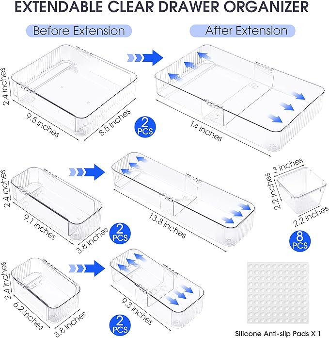 Aneco 14 Pieces Extendable Clear Drawer Organizer Adjustable Vanity Storage Box 4-Size Desk Drawer Divider Acrylic Storage Bins for Makeup, Cosmetic, Jewelries, Bedroom Kitchen Utensils Gadgets - Image 2