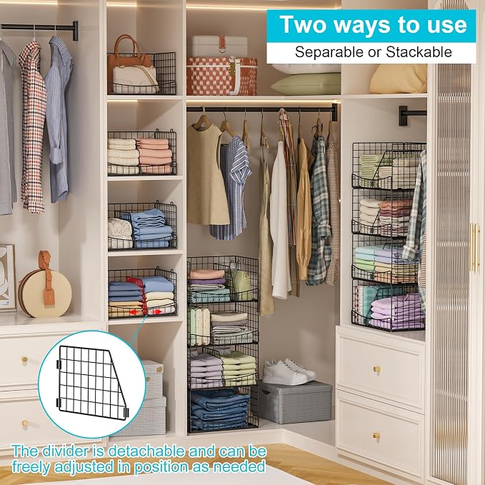 Hongtamoya 4-Tier Closet Organizers and Storage Basket with Divider, Foldable Closet Shelf Organizer System, Space-Saving Clothes Storage Drawer Organizer Bins for Wardrobe Cupboard, Black - Image 4