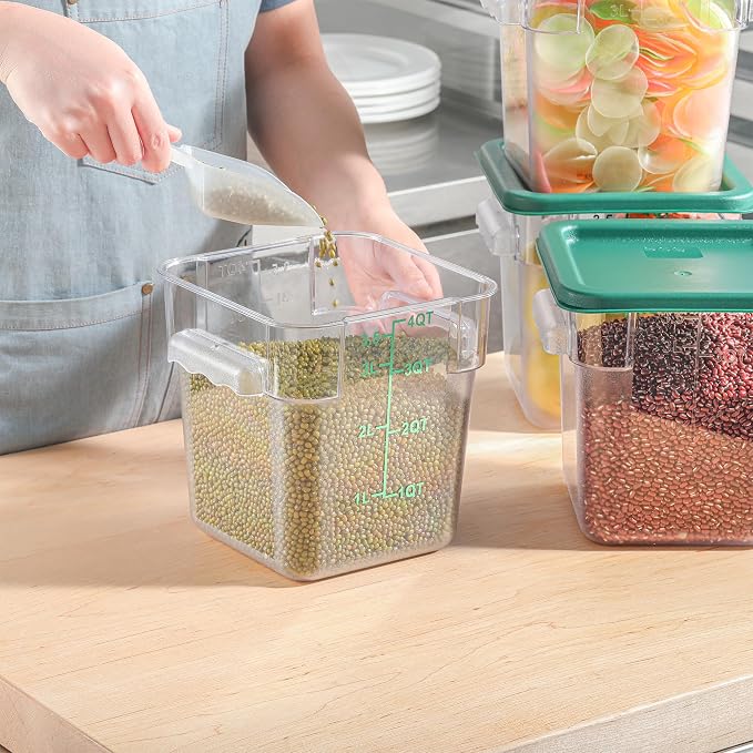 4 Pack 4 QT Food Storage Containers with Green Lids Hot Cold Resistant Stackable Square Commercial Container Set with Handle, Clear Scarle Home Party Business BPA-Free Polycarbonate - Image 3