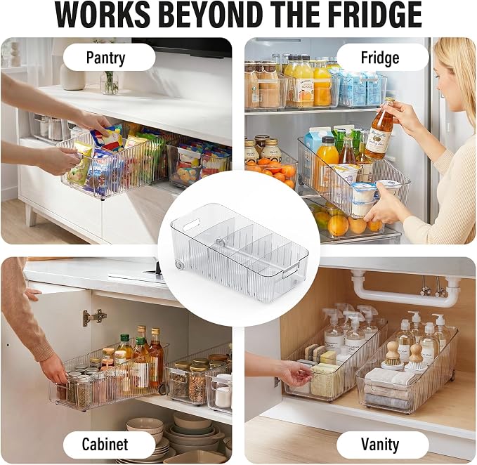 Pull Out Fridge Organizer Bins with Wheels, 8 Dividers, 2-Pack | Clear PET storage bins with handles, rear wheels and adjustable dividers for refrigerator, pantry and cabinet shelves - Image 8
