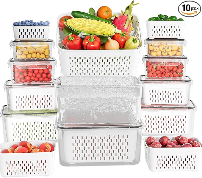 KEMETHY 10 Pack Fruit Storage Containers for Fridge with Removable Colanders - Food Storage Containers with Lids, BPA-Free Produce Containers Keep Fruits, Vegetables, Berry, Meat Fresh Longer by KEMETHYFocusesonCreatingEfficientStorageProductswithQualityMaterials