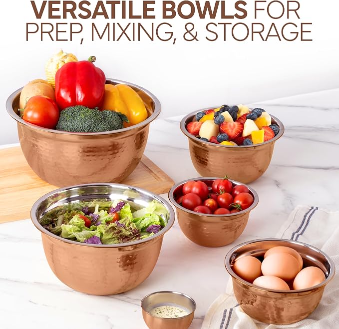 COOK WITH COLOR 18 Piece Mixing Bowls Set with Airtight Lids, Handcrafted Stainless Steel Bowls, Food Storage Containers, Meal Prep, Nesting Salad Bowls For Cooking, Baking, Kitchen, Copper - Hammered - Image 6