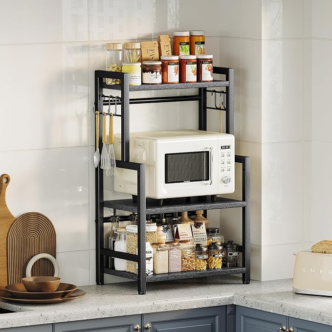 Kitchen Countertop Organizer, 3 Tier Large Spice Rack Organizer with Adjustable Shelf and 5 Hooks, Wooden Counter Organizer, Space Saving Countertop Shelf Microwave Stand for Kitchen,Coffee Bar,Black - Image 5