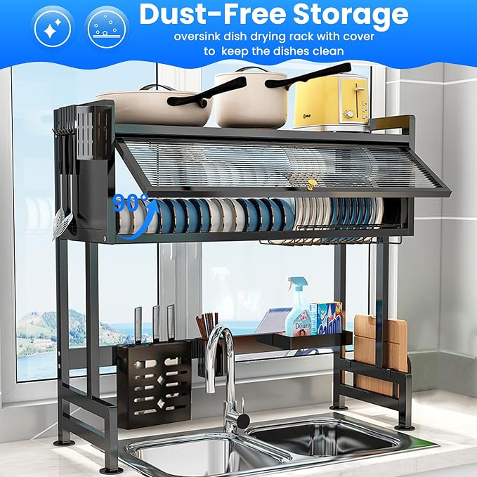 ASIEIT Dish Drying Rack, 3-Tier Over The Sink Dish Drying Rack, 33.5" Over Sink Dish Rack for Small Kitchen, Space-Saving Dish Rack with Cover, Baskets, Utensil, Large Sink Storage Organizer Black - Image 4