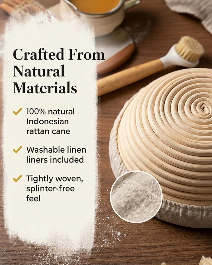 Banneton Bread Proofing Basket with Liners - Natural Rattan Dough Riser, Sourdough Bread Basket, Artisan Bread Loaves, Homemade Bread Making - 2 Pack 9" Round Basket Set - Image 5