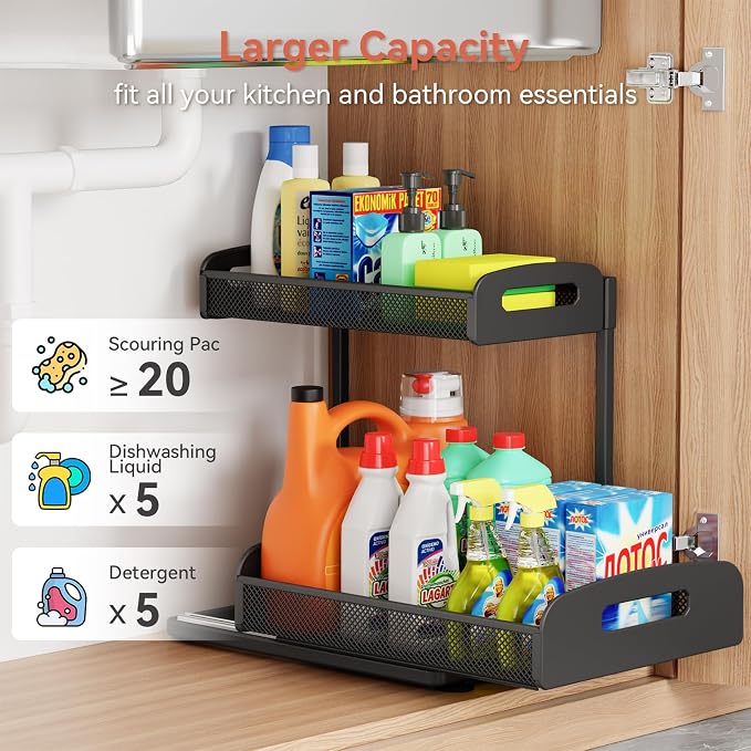 2 Pack Under Sink Organizer, 2 Tier Height Adjustable Kitchen Cabinet Organizer, Pull Out Metal Cabinet Shelf Organizer, Under the Sink Organizers and Storage for Kitchen & Bathroom, Black - Image 4