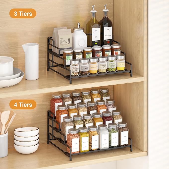 RUILALIFE 4-Tier-Spice-Rack-Organizer-for-Cabinet, Adjustable Depth Spice Holder Shelf For Countertop Pantry Cupboard, Metal Tiered Seasoning Organizer,Display Shelf Riser (Black-2 Pack) - Image 2