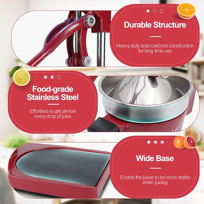 18 Inch Height Commercial Heavy Duty Cast Iron Hand Press Manual Orange Citrus Lemon Lime Grapefruit Pomegranate Fruit Juice Squeezer Machine with Stainless Steel Cup and Durable Base Red - Image 4