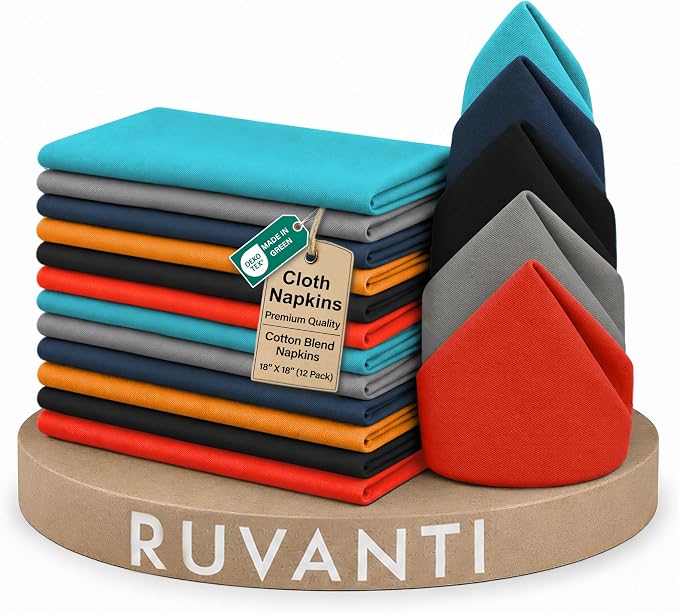 Ruvanti Cloth Napkins Set of 12, 18x18 Inches Napkins Cloth Washable, Soft, Durable, Absorbent, Cotton Blend. Table Dinner Napkins Cloth for Hotel, Christmas, Dinner, Parties - Multi Color by Ruvanti