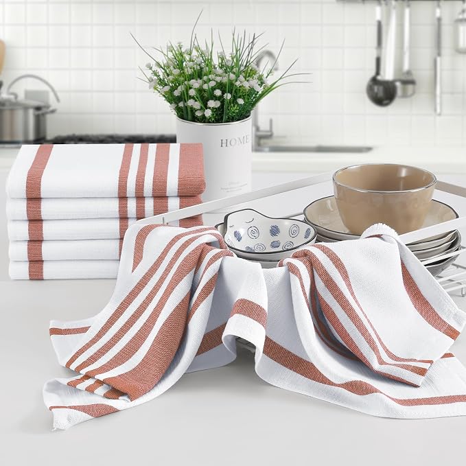 Homaxy Premium Cotton Stripe Kitchen Towels 8 Pack, 18"x 28", Rust | Large 380 GSM Kitchen Hand Towels, Soft Terry Dish Towels, Highly Absorbent Tea Towel Set with Hanging Loop - Image 5