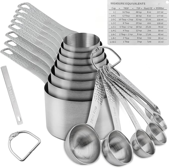 Measuring Cups and Spoons Set 19, Stainless Steel Measuring Cups and Spoons Set for Baking, Metric &US Metal Kitchen 8 Measuring Cup & 9 Measure Spoon & Equivalents & Leveler Set by Kalsreui