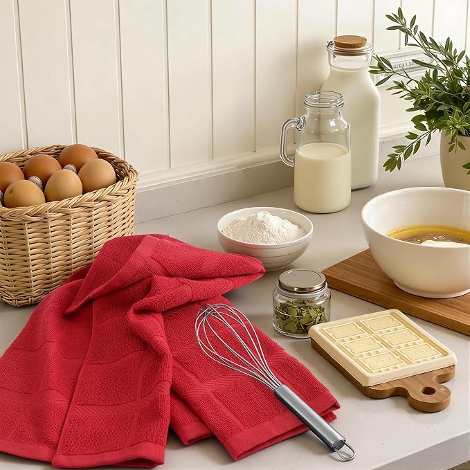 Homaxy 100% Cotton Kitchen Towels 18"x28", 4 Pack Dish Towels, Red | Large 380 GSM Soft and Absorbent Kitchen Hand Towels with Terry Grid Design, Utility Tea Towel Set with Hanging Loop - Image 7