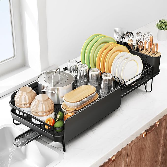 SNTD Large Dish Drying Rack for Kitchen Counter, Expandable, Black | Stainless Steel Dish Drainer, Adjustable Length 18.9''-29.3'', Automatic Drainage, 360° Spout, Cutlery Holder with Knife Slot by SNTD