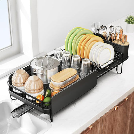 SNTD Large Dish Drying Rack for Kitchen Counter, Expandable, Black | Stainless Steel Dish Drainer, Adjustable Length 18.9''-29.3'', Automatic Drainage, 360° Spout, Cutlery Holder with Knife Slot by SNTD