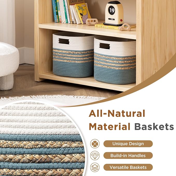UBBCARE Set of 3 Storage Cubes 11 X 10.5 X 10.5 in, Water Hyacinth Storage Bins for shelves, Toys, Book, Storage Baskets with Handles, Cotton Rope Woven Baskets for Organizing, Light Blue - Image 3