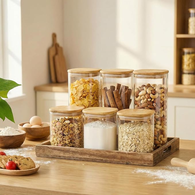 27 oz Square Glass Food Storage Containers with Airtight Bamboo Lids, 6Pack | Stackable Small Pantry Jars for Spices, Nuts & Seeds , 3mm Borosilicate Glass Canisters Keep Food Fresh, Easy to Fill & Clean - Image 6