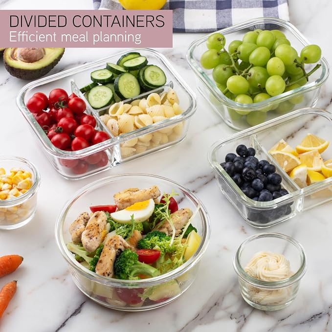 COOK WITH COLOR Premium 32-Pc. Borosilicate Glass Food Container Set with Dividers - 4 Rectangles, 8 Rounds, 4 Squares - Leakproof Lids - Meal Prep, Storage, Pink - Image 5