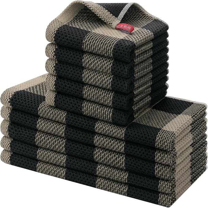 Homaxy Kitchen Towels and Dishcloths Set, Set of 10, Black & Tan | Bulk Cotton Waffle Weave Check Plaid Kitchen Towels, Super Soft and Absorbent Dish Cloths, 12 x 12 and 13 x 28 Inches by Homaxy