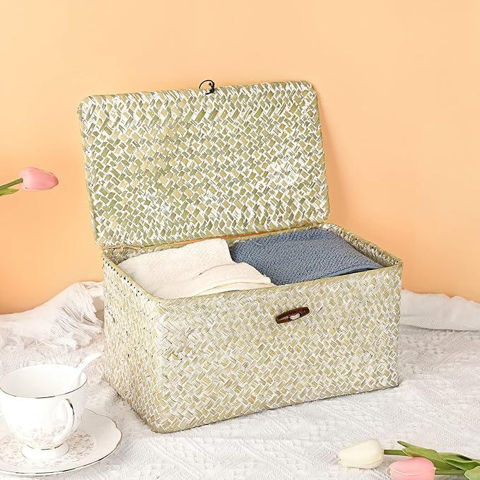 Hipiwe Seagrass Storage Basket Bins with Lid Handwoven Wicker Shelf Baskets | Rectangular Basket Household Organizer Boxes for Shelf Closet Bedroom Home Decor, Whitewash Medium - Image 4