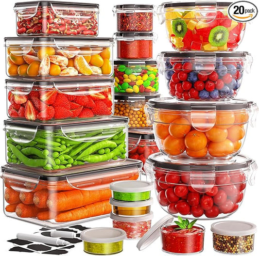 JSCARES 40 PCS Food Storage Containers with Lids Airtight (20 Lids &20 Containers) - Leakproof Meal-Prep Containers for Kitchen Storage Reusable Plastic Microwave/Dishwasher Safe with Labels & Pen by JSCARES