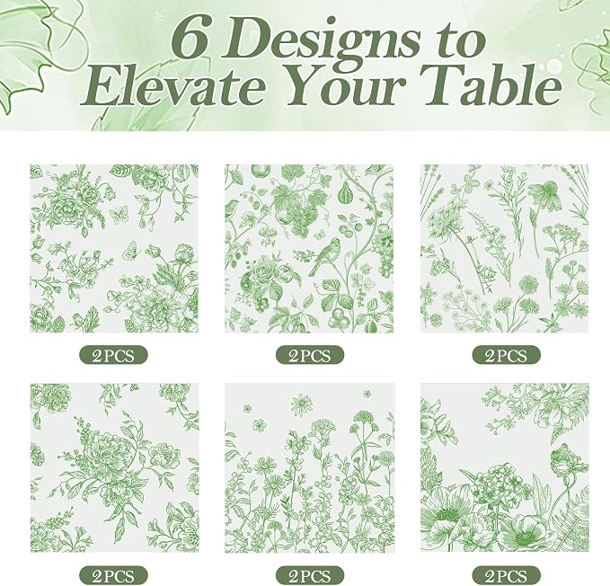 Kochorie 12 Pieces Green Floral Cloth Napkins, 18 x 18 Inch Reusable Soft Fabric Napkins, Washable Flower Dinner Cocktail Napkin for Spring Summer Tea Party Holiday Home Kitchen Wedding Restaurant - Image 3