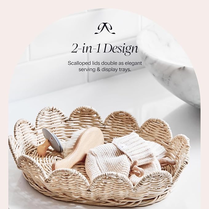 BEBE BASK The Original Scalloped Basket with Lid - Set of 2 (15x11x6 In) | Handwoven & Award Winner, Sustainable Rattan, Wicker Basket With Scalloped Edge Lid, Nursery Storage, Scallop Basket, Natural - Image 9