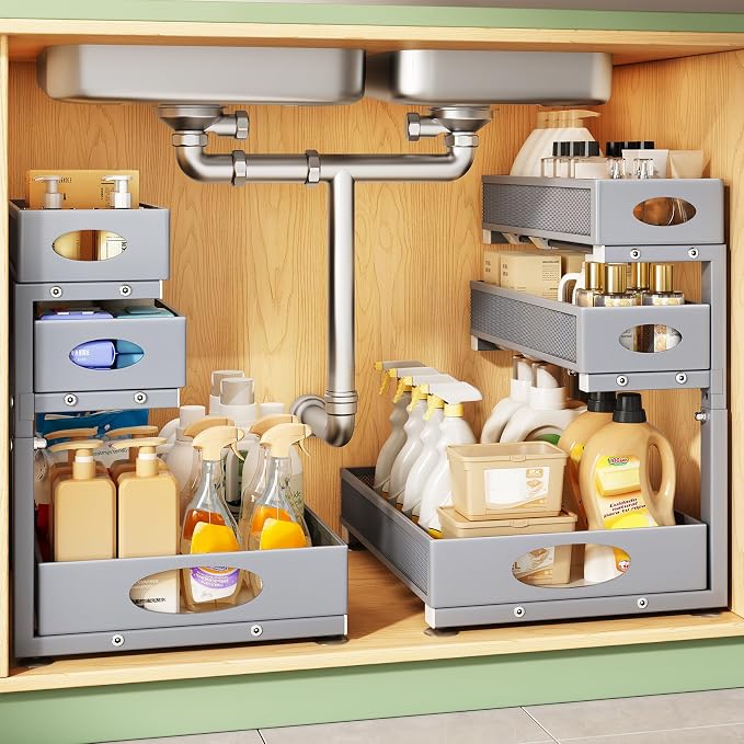 Kitstorack Under Sink Organizer 3-Tier Slide Out Drawer 2-Pack Grey | Height Adjustable, Metal Mesh Storage Rack, Pull out Cabinet Organizer Shelf for Bathroom Kitchen Pantry Home Organization by Kitstorack