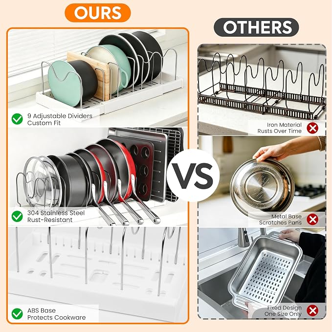 2 Pack Expandable Pots and Pans Organizer under Cabinet, Adjustable Pot Lid Organizer Rack with 9 Stainless Steel Dividers, Food Container Lid Holder for Kitchen Countertop Storage (White) - Image 5