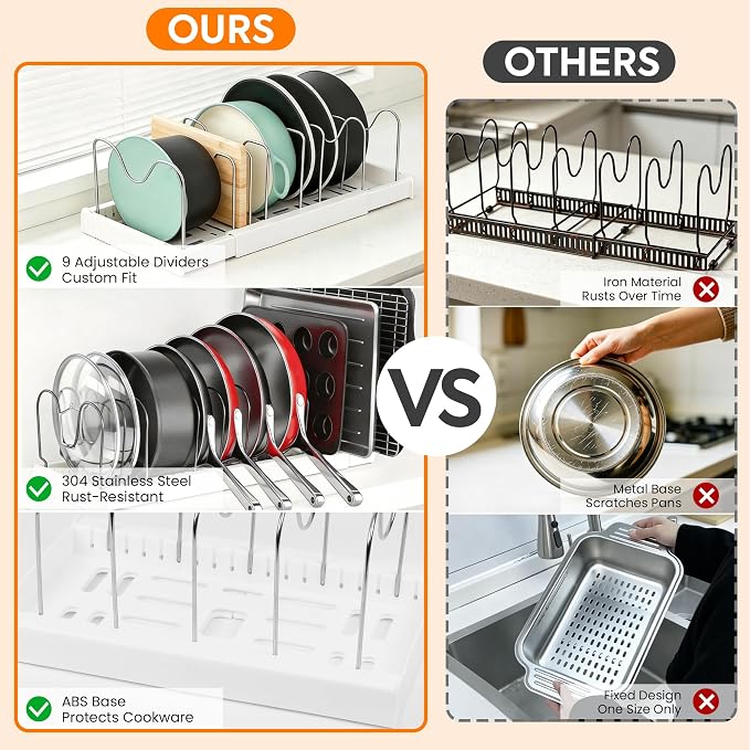 Pots and Pans Organizer under Cabinet, Expandable Adjustable Pot Lid Organizer Rack with 9 Stainless Steel Dividers, Food Storage Container Lid Holder for Kitchen Countertop Storage (White) - Image 6