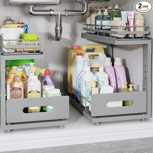Under Sink Organizer Upgrade To Professional Rails,2-Tier Dual Pull Out Cabinet Storage,Height Adjustable Slide Out Drawers For Bathroom Kitchen,2 Pack-16.7"Dx12.8"-16.9"H,Gun Gray by UnderSinkOrganizer