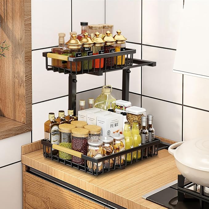 Under Sink Organizer and Storage: 2-Tier Adjustable Height Under Sink Bathroom Organizers Multi-Purpose Bathroom Cabinet Pull Out Drawers for Kitchen with Hooks (Black) - Image 2