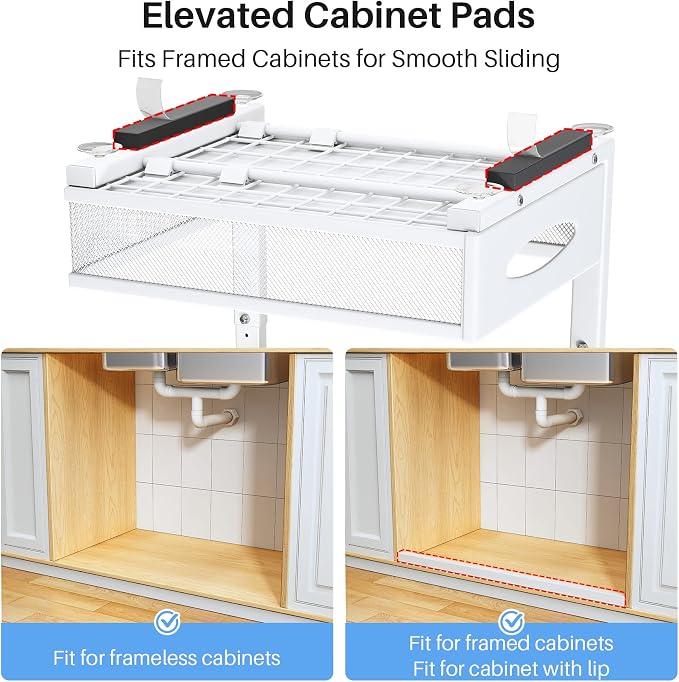 Under Sink Organizer, 2 Pack 2 Tier Pull Out Under Cabinet Organizer Shelf with Pad for Framed Cabinets, Metal Slide Out Under Sink Storage, Mesh Sliding Drawers for Kitchen Bathroom Laundry, White - Image 3