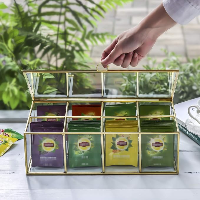 NCYP Glass Tea Bags Organizer with Lid, 8 Compartments Teabag Container, Indoor Counter Top Brass Display Case, 12" x 7.1" x 3.7" Teabag Storage Box, Gold Decor (Glass Box Only) - Image 2