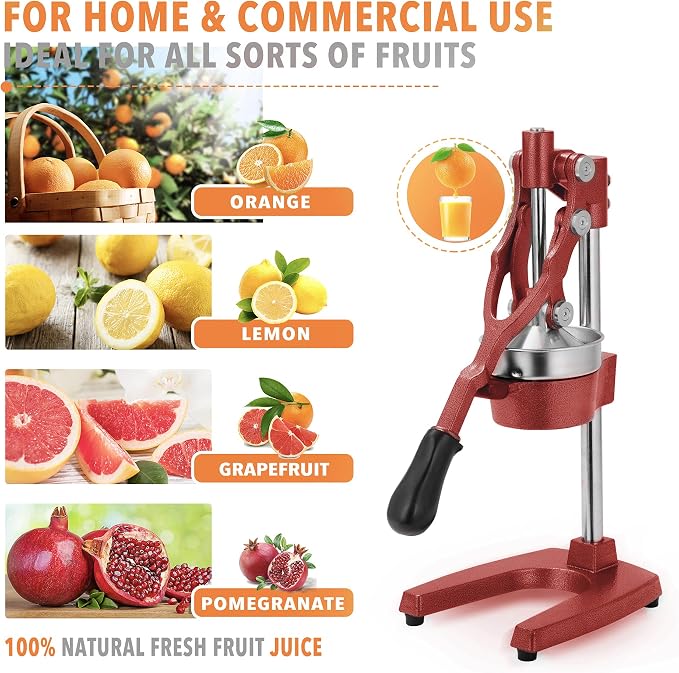 19 Inch Height Extra Tall Commercial Heavy Duty Cast Iron Hand Press Manual Orange Citrus Lemon Lime Grapefruit Pomegranate Fruit Juice Squeezer Machine with Stainless Steel Cup Red - Image 4