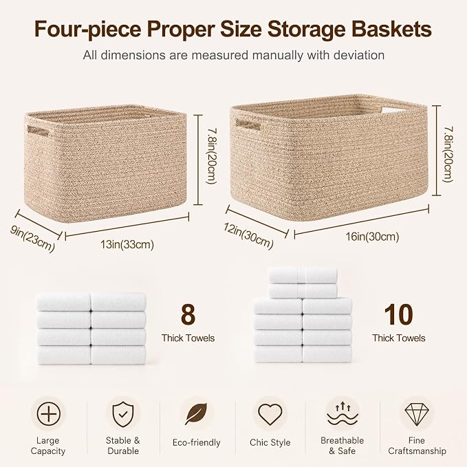 OIAHOMY 4 Pack Storage Baskets for Organizing, Cube Storage Bins for Shelves, Rectangle Storage Baskets With Handles, Woven Baskets for Storage, 12.7''Lx9''Wx7.8''H, Blue - Image 2