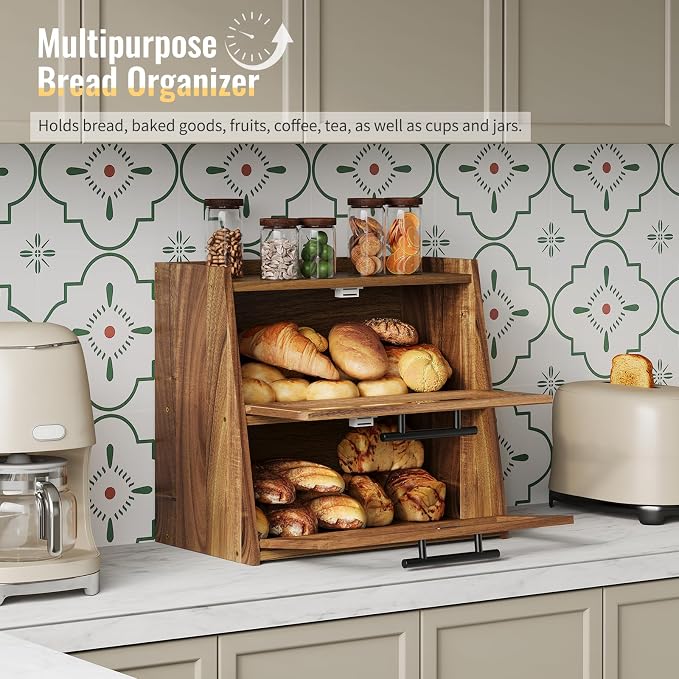 Bread Box for Kitchen Counter,Wooden Double Layer Countertop Bread Storage | Bread Holder Container Bin with Window for homemade bread; Acacia Wood Construction with Metal Handles - Image 6