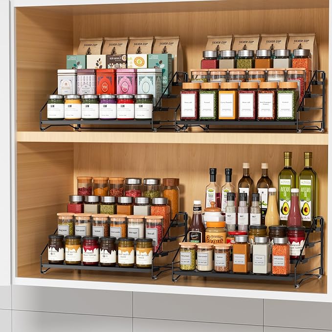 2 Pack Spice Rack Organizer for Cabinet, Depth Adjustable 4 Tier Spice Rack | Black, Metal Spice Organization for Cabinet, Easy Visibility, Tiered Spice Rack Perfect for Cabinet, Pantry and Countertop - Image 8