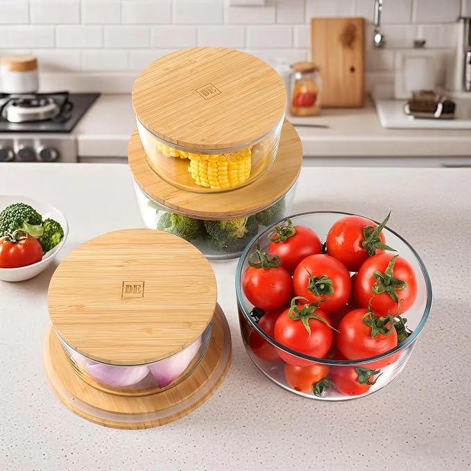 DE Glass Food Storage Containers with Bamboo Lids – 4 Pack Round (2x33oz + 2x60oz) – BPA-Free Borosilicate Glass Meal Prep Containers – Plastic-Free, Oven, Microwave, Freezer Safe - Image 8
