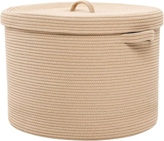 20x15 Inch Extra Large Round Cotton Rope Storage Basket with Lid, Decorative Woven Bin with Cover for Living Room Bedroom Closet, Beige by Cottonphant