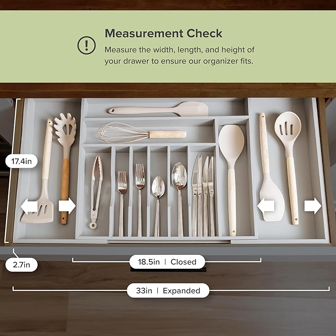 Silverware & Utensil Drawer Organizer, 18-33 in, Gray Bamboo | Cutlery, flatware, food-safe contract grade, kitchen drawer fit - Image 4