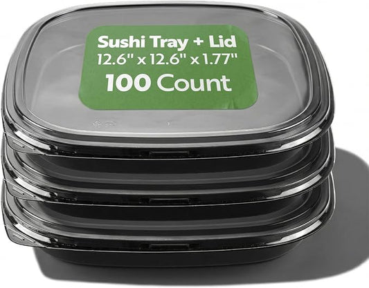 Restaurantware Plastic Sushi Trays 100 Pack of 12.6 x 12.6 x 1.77 Inch With Clear Lids Leak-Resistant Sushi Take Out Boxes Stackable Containers For Grab-And-Go by Restaurantware