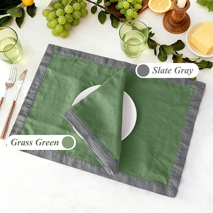 Linen World 100% French Linen Placemats Set of 4,21 x 15 Inch Double Layer Table Mats,Washable Heavyweight Placemats for Holiday Dining Kitchen Decor,Grass Green with Slate Gray Contrast Border - Image 2