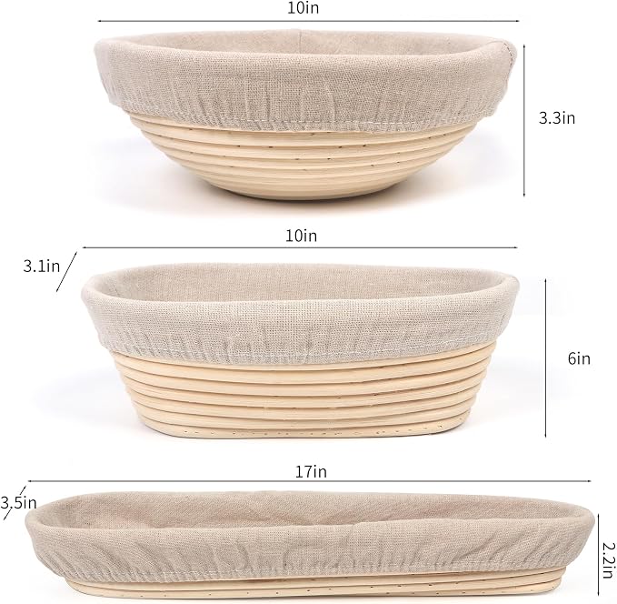Banneton Bread Proofing Basket Set, 11 Inch Sourdough Proofing Basket and Bread Baking Supplies-Bread Lame, Danish Whisk, Bowl & Dough Scraper, Brush, (3 Bread Proofing Baske and Jar) - Image 3