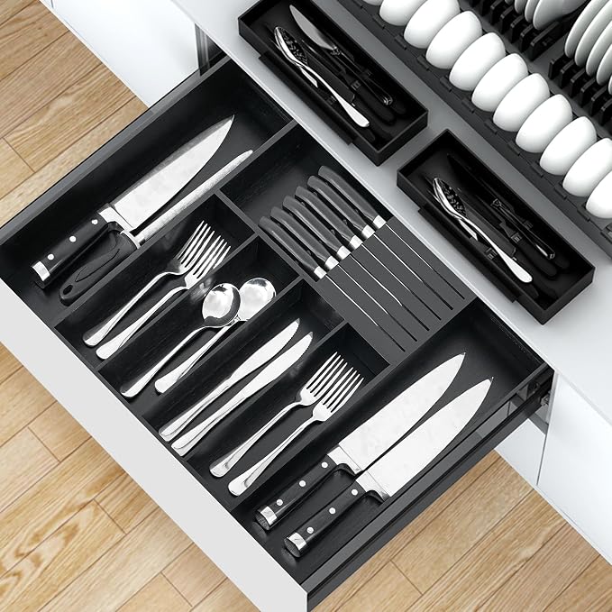 VaeFae Bamboo Silverware Drawer Organizer, 7 Slots, Black | Cutlery Tray with Removable Divider, Flatware Storage, 43 cm D x 32-55 cm W, 5-7 Slots, Black - Image 5